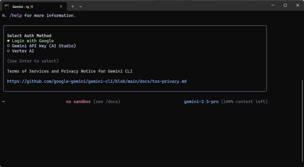 GeminiCLIでのログイン方法の選択
