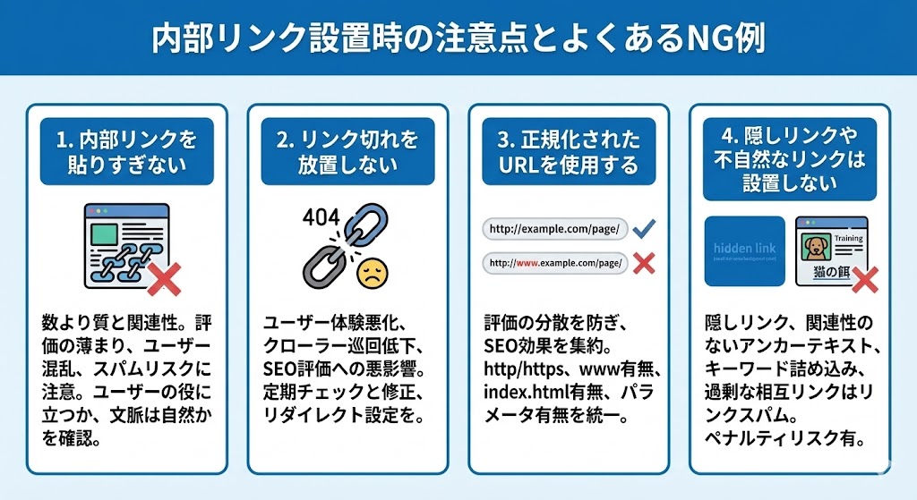 内部リンク設置時の注意点とよくあるNG例4つを解説した図解