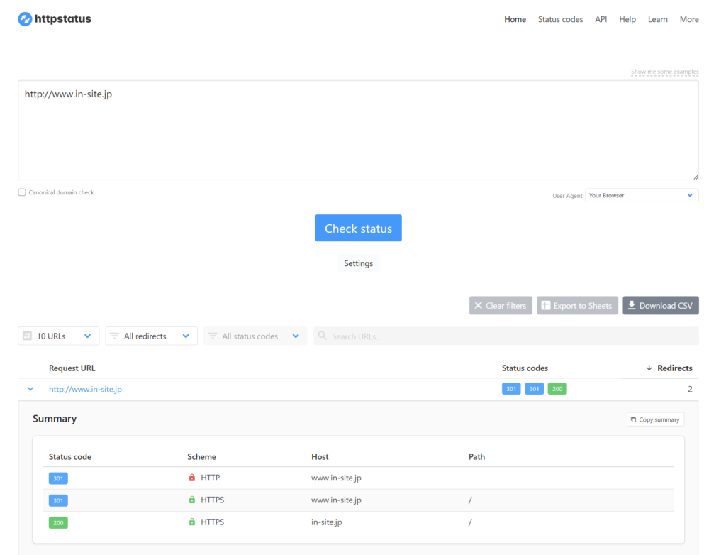 httpstatus.ioの結果画面
