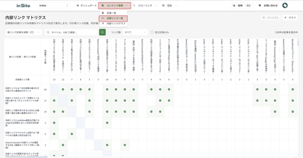内部リンク一覧画面の全体表示